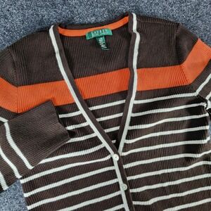 Lauren‎ Ralph Lauren Women's Brown Striped Button-up Cardigan Sweater Size L